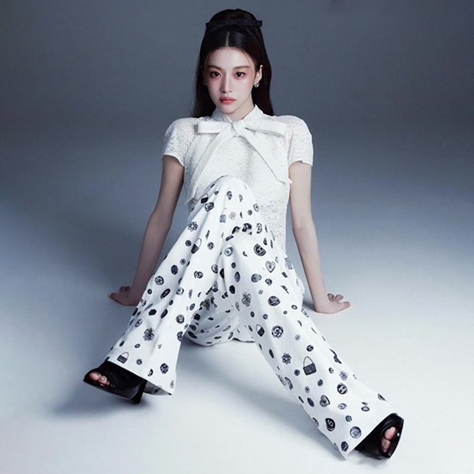 chanel coin icon print high waist straight leg denim trousers